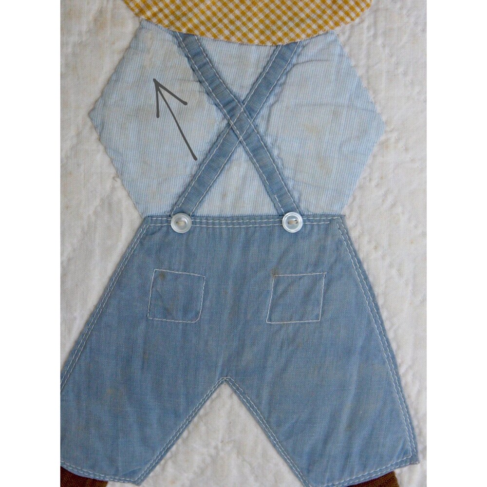 Little Boy Quilted Decorative Pillow, child in hat, pants, and suspenders - Picture 5 of 7